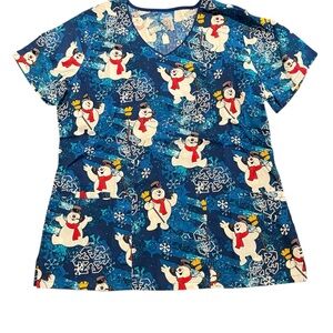 Women's Blue Snowman Print Short Sleeve Top